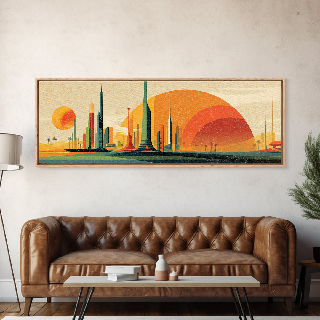 Futuristic Desert Skyline Canvas Print, Mid Century Modern Wall Art, Orange Sun Abstract Cityscape, Retro Sci Fi Poster Decor