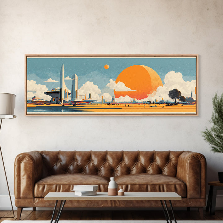 Retro Futuristic Expo Skyline Wall Art, Midcentury Modern Canvas Print, Orange Sun Space Age Architecture Large Poster Decor