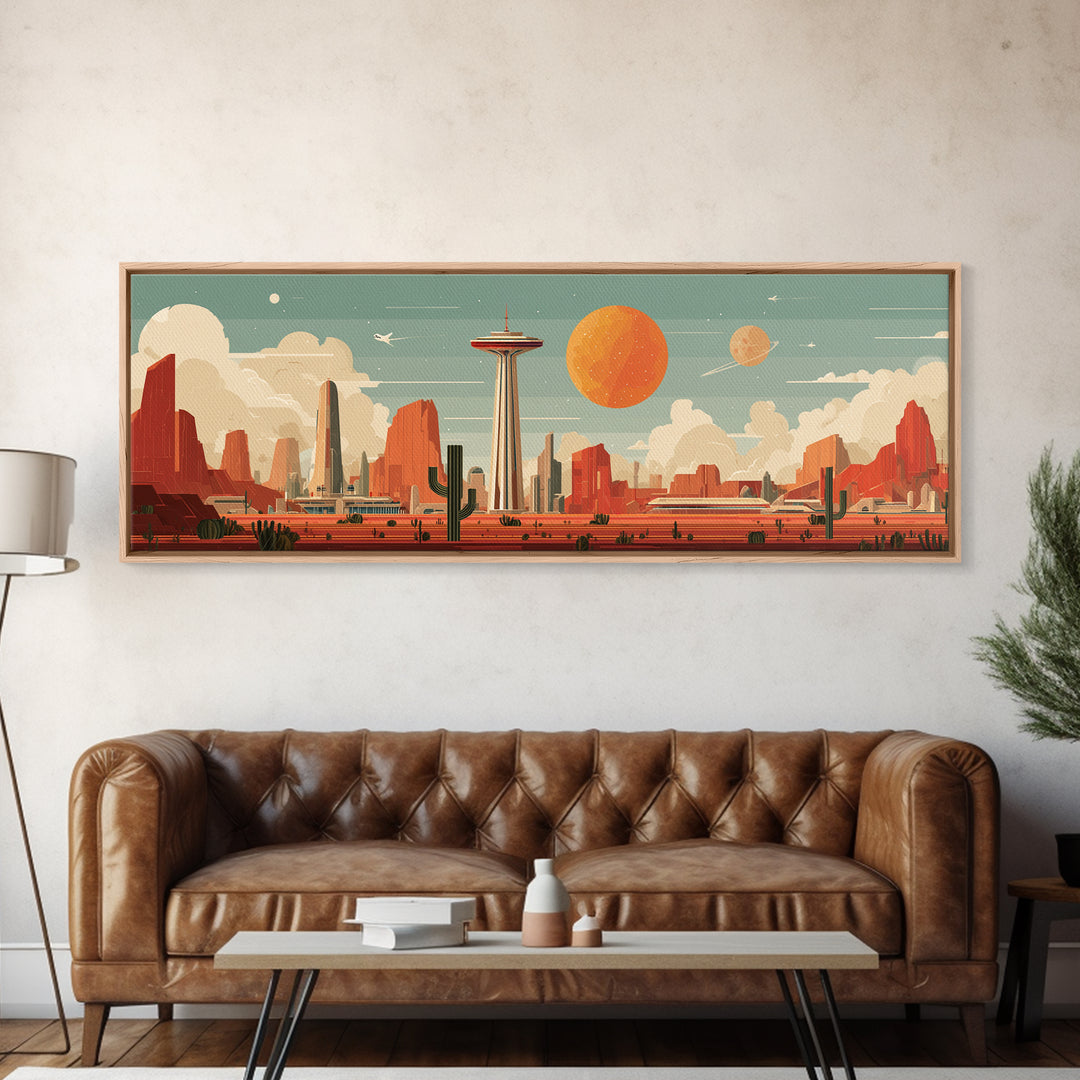 Retro Space Needle Desert Wall Art, Midcentury Modern Canvas Print, Orange Planet Cityscape, Southwestern Sci Fi Poster Decor