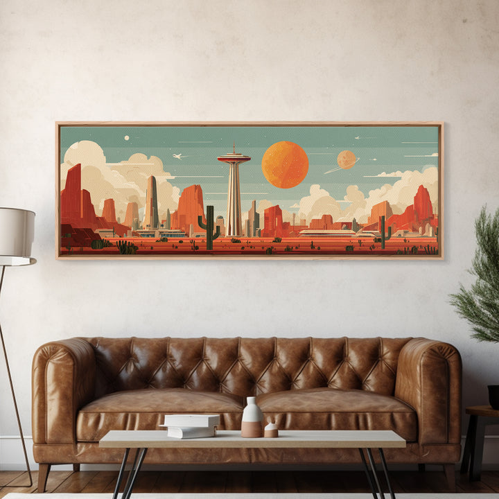 Retro Space Needle Desert Wall Art, Midcentury Modern Canvas Print, Orange Planet Cityscape, Southwestern Sci Fi Poster Decor