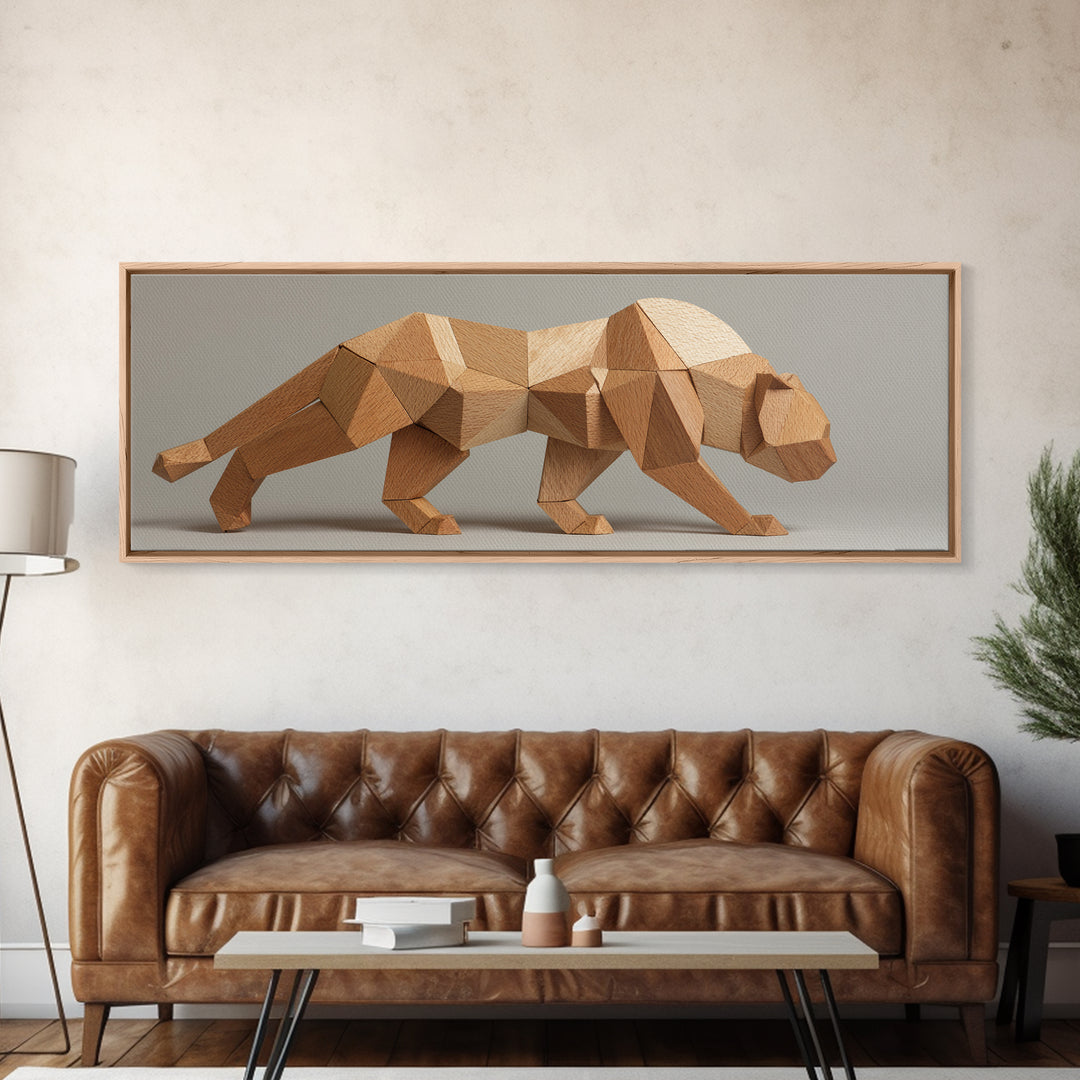 Neutral Low Poly Big Cat Sculpture With Faceted Forms, Canvas Print, Modern Geometric Wall Art, Minimalist Animal Decor Poster