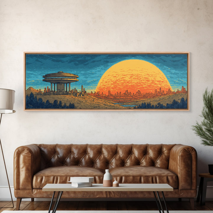 Alien Desert City Sunset Wall Art, Retro Futuristic Canvas Print, Mid Century Modern Sci Fi Landscape, Orange Sun Poster Decor