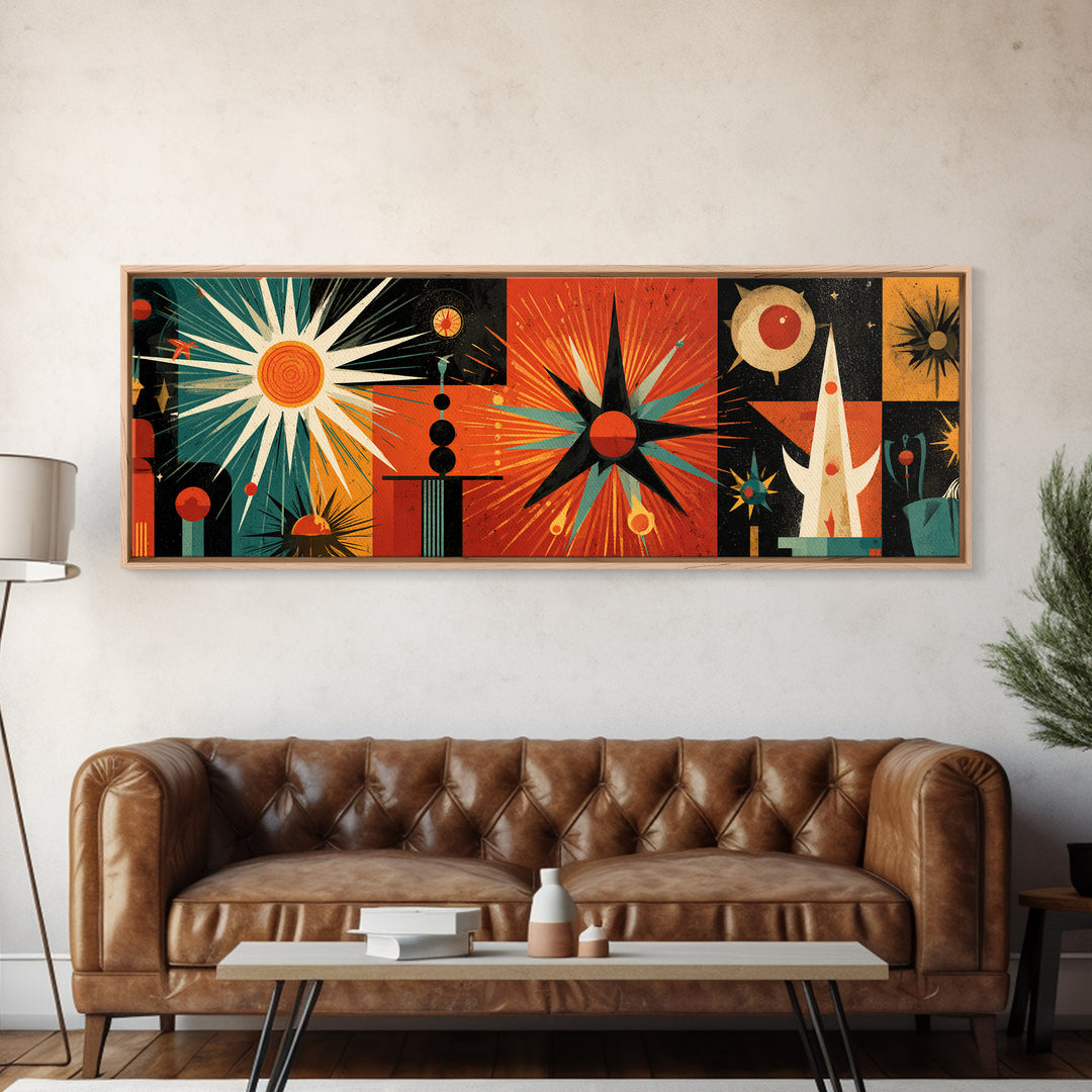 Orange Teal Atomic Sunburst Canvas Print, Midcentury Modern Geometric Space Age Poster, Bold MCM Wall Decor For Office Home
