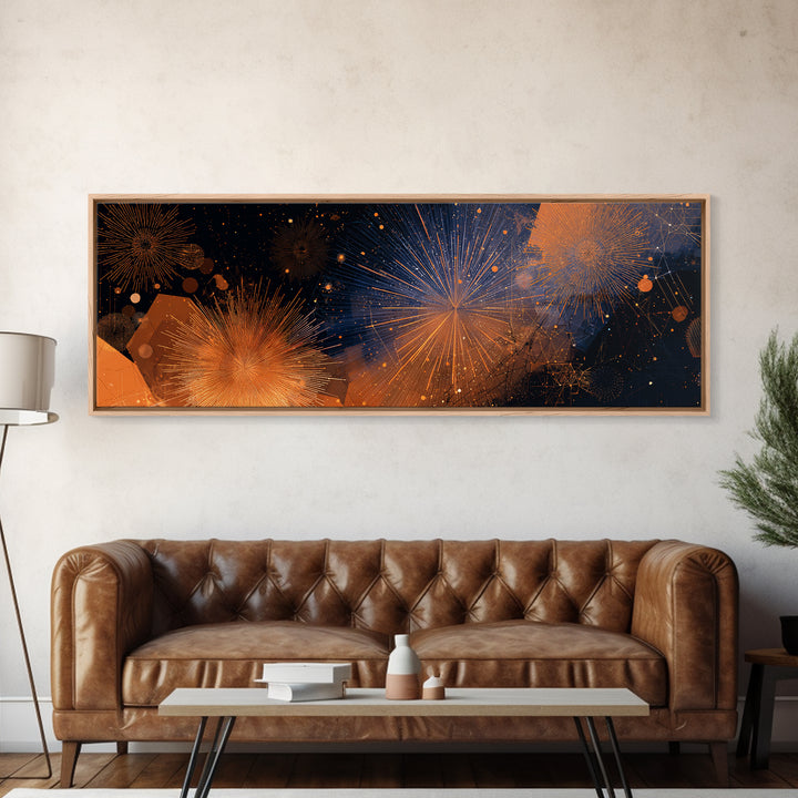 Orange Gold Firework Night Sky Canvas Print, Modern Abstract Celestial Wall Decor, Cosmic Retro Art For Living Room Poster