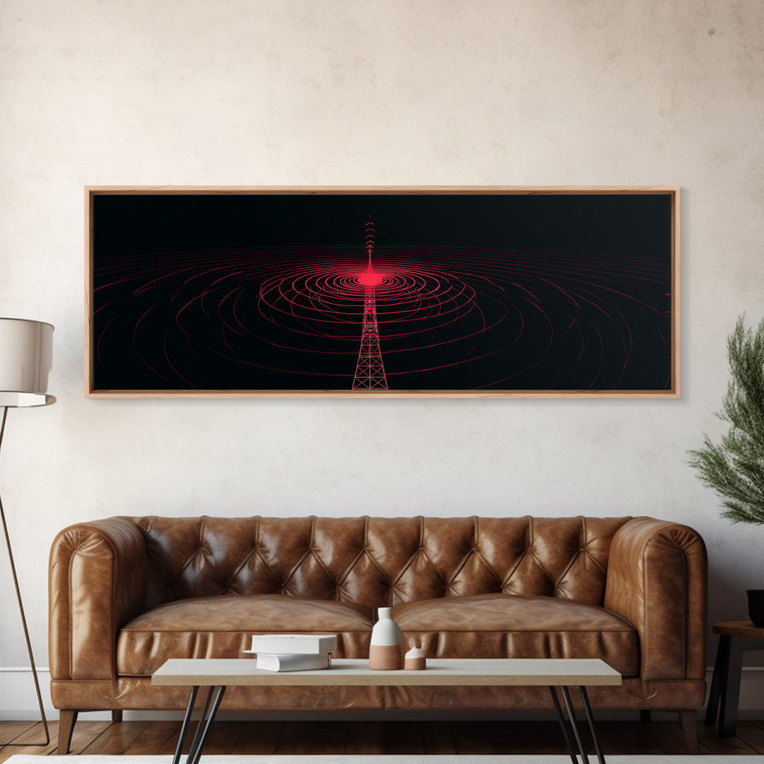 Red Radio Tower With Concentric Signal Rings Wall Art, Futuristic Retro Abstract Print, Modern Wall Decor, Large Sci Fi Retro Art