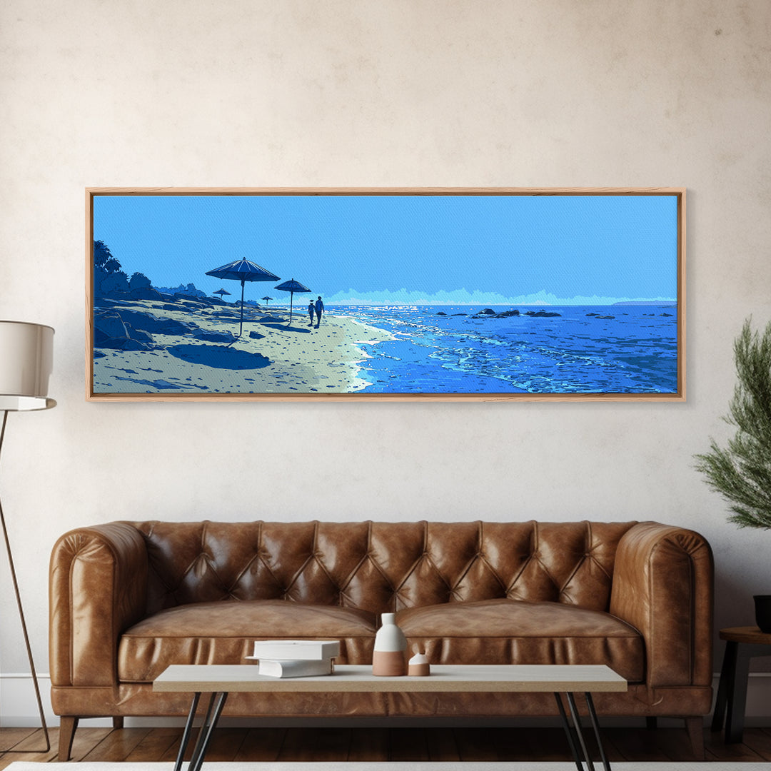 Blue Seaside Beach With Umbrellas Wall Art, Coastal Landscape Print, Modern Wall Decor, Beach House Decor, Travel Poster Art