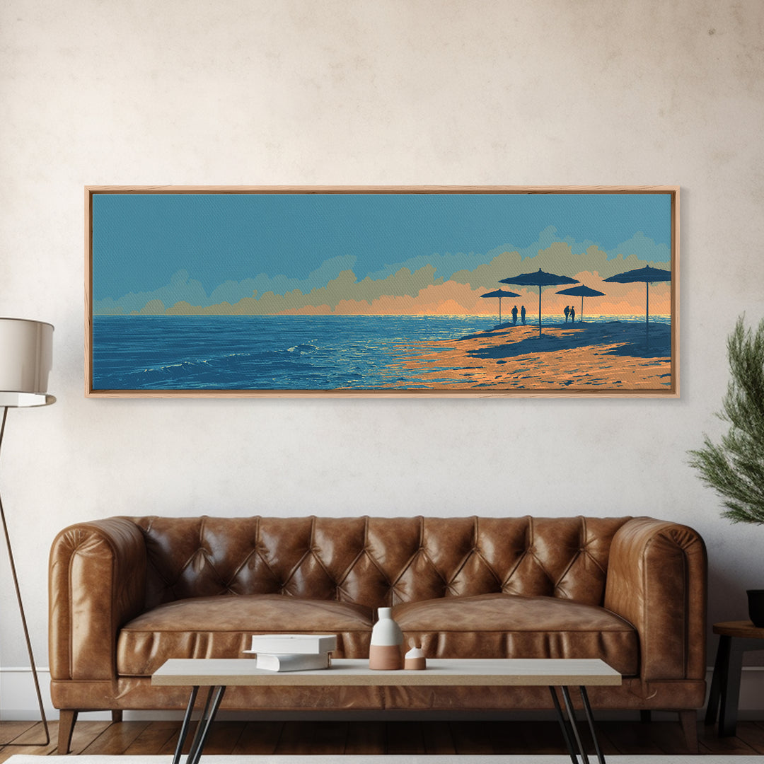 Orange Sunset Beach Umbrellas Framed Canvas Print, Coastal Wall Art, Modern Wall Decor, Tropical Landscape, Beach House Decor