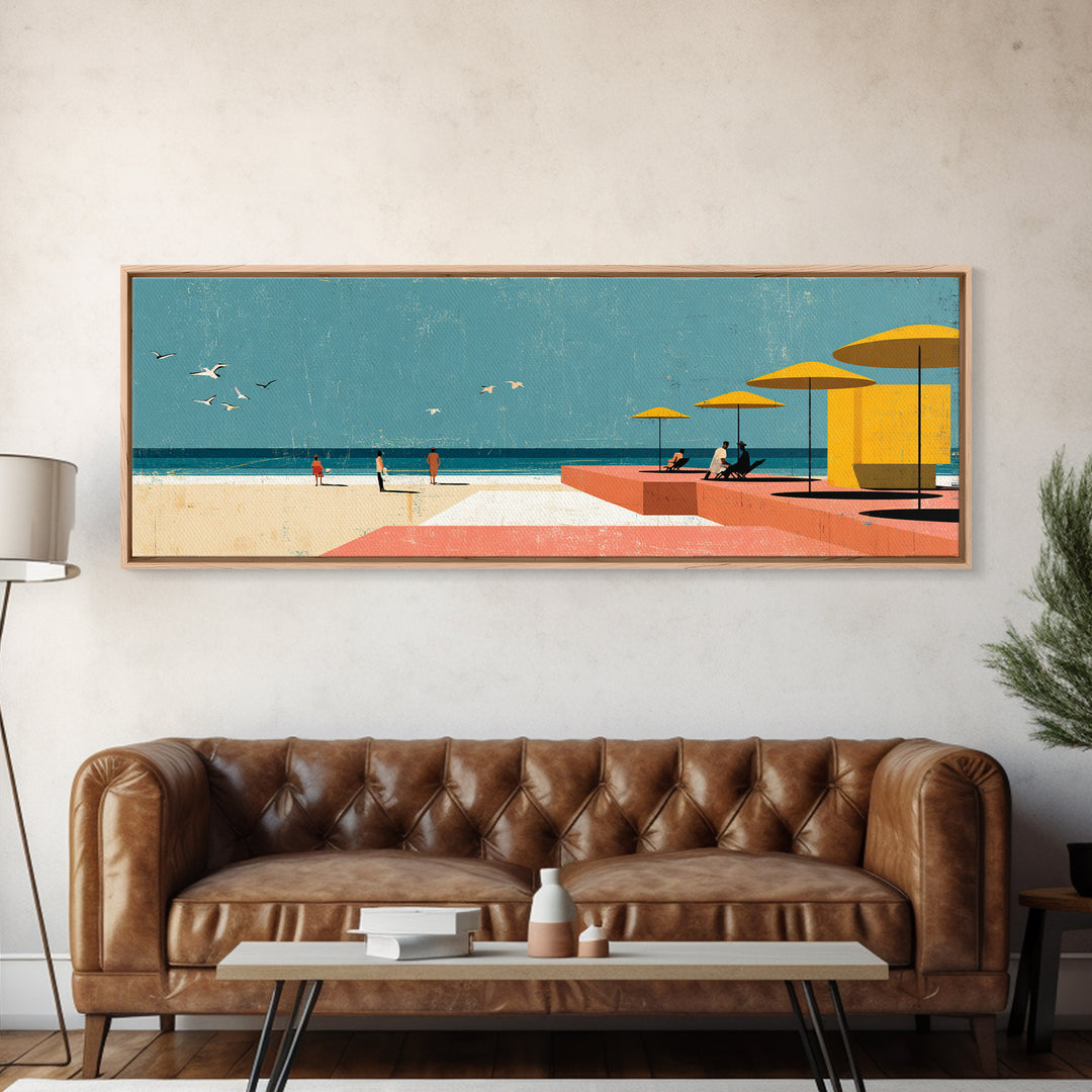 Yellow Umbrellas On Pink Seaside Terrace Canvas Print, Coastal Wall Art, Modern Wall Decor, Retro Travel Poster, Colorful Art