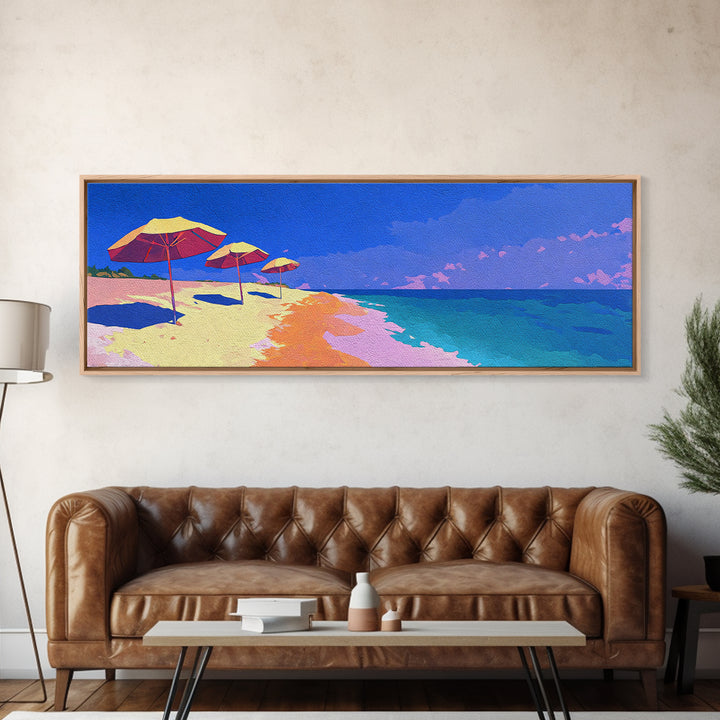 Vibrant Ocean Beach With Umbrellas Canvas Print, Coastal Wall Decor, Retro Travel Poster, Modern Art Print For Summer Home