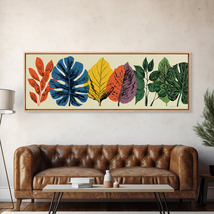 Colorful Tropical Leaf Row Framed Canvas Print, Midcentury Modern Botanical Wall Art, Retro Home Decor, Bold Nature Poster