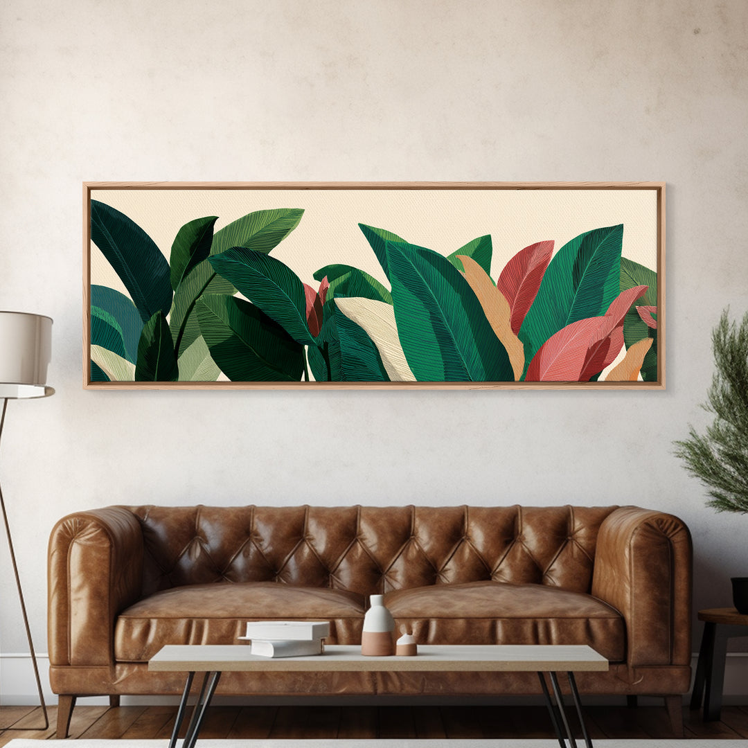 Deep Green Tropical Foliage With Coral Leaves Canvas Print, Botanical Wall Art, Midcentury Modern Decor, Boho Home Poster