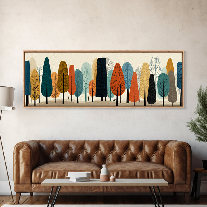Stylized Autumn Trees In Earth Tones Canvas Print, Midcentury Modern Landscape Wall Art, Retro Forest Decor, Nordic Poster