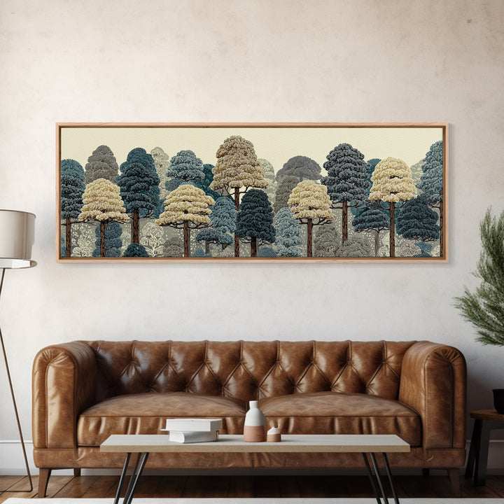 Layered Woodland Trees In Blue And Cream Wall Art, Scenic Nature Print, Midcentury Modern Decor, Large Rustic Forest Poster