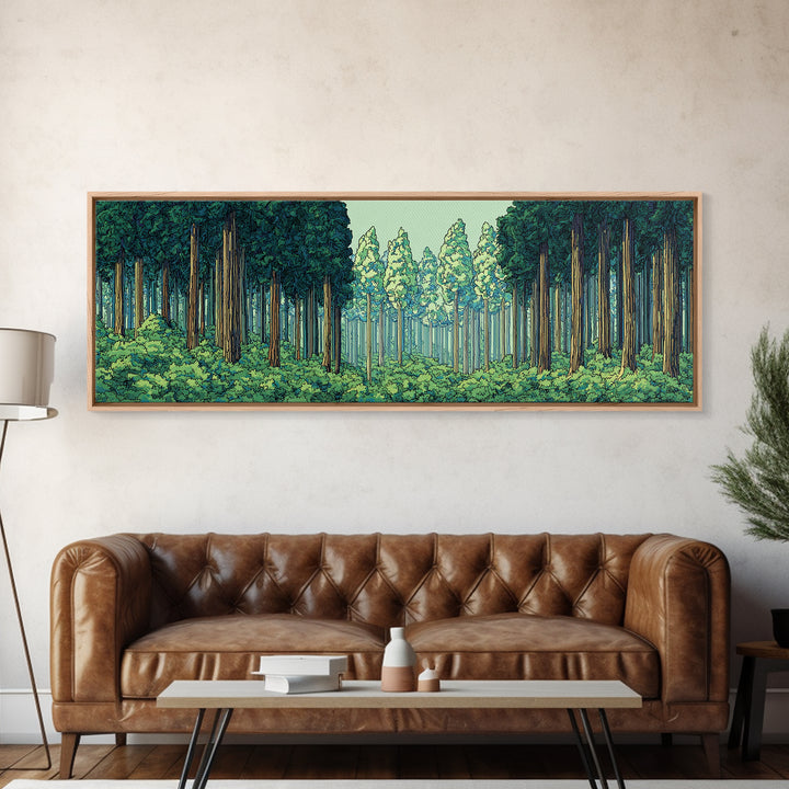 Emerald Forest Path With Tall Pines Framed Canvas Print, Nature Wall Art, Modern Home Decor, Green Scenic Woodland Poster