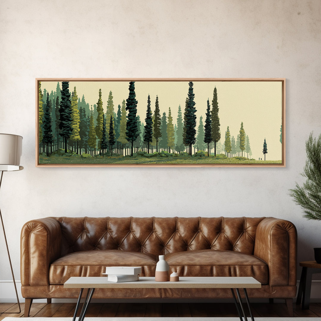 Misty Evergreen Forest Panorama Wall Art, Midcentury Modern Landscape Print, Nature Wall Decor, Large Canvas Cabin Artwork