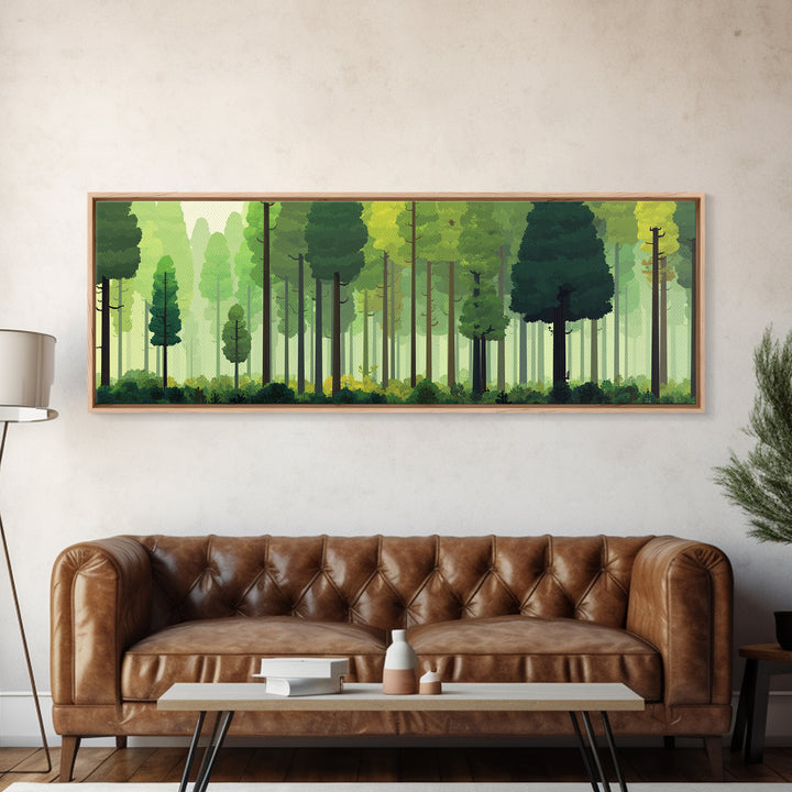 Soft Green Woodland Forest Wall Art, Midcentury Modern Nature Print, Scandinavian Modern Decor, Large Canvas Landscape Art