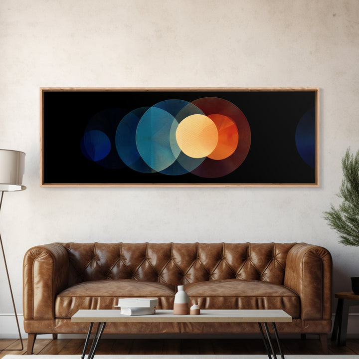 Overlapping Retro Circle Abstract Wall Art, Midcentury Modern Geometric Print, Orange Blue Black Decor, Atomic Canvas Art