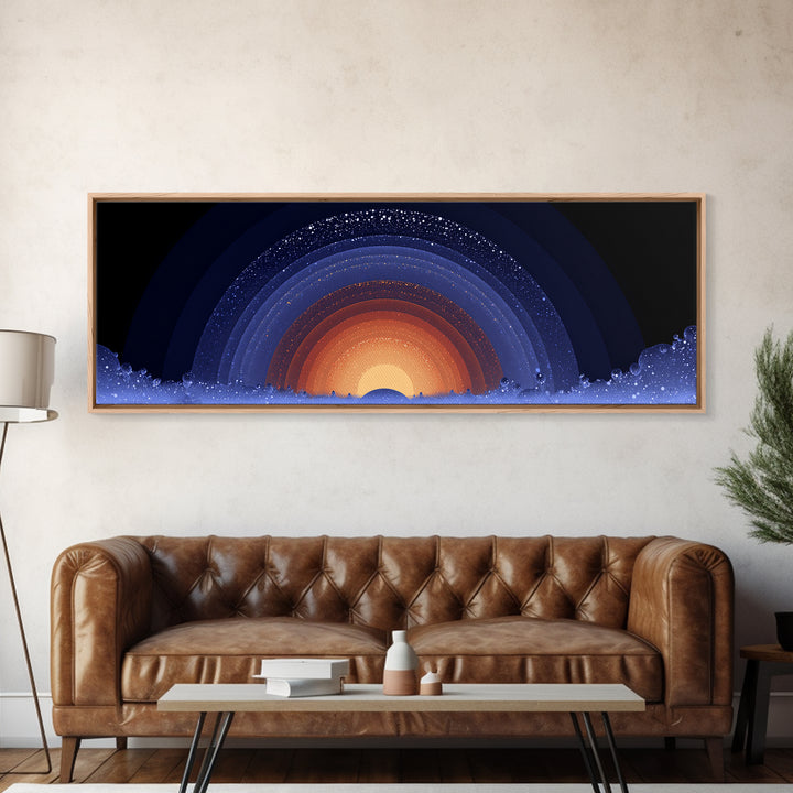 Starry Cosmic Sunrise Arc Wall Art, Midcentury Modern Space Abstract Print, Orange Blue Galaxy Decor, Retro Canvas Poster