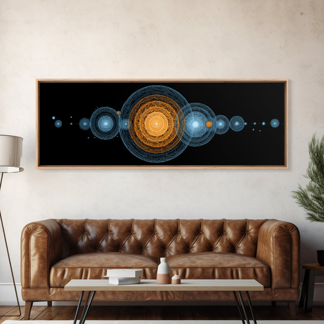 Planetary Orbit Circle Canvas Print, Midcentury Modern Space Wall Art, Blue Orange Geometric Decor, Atomic Abstract Poster