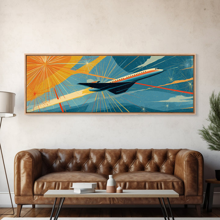 Jetliner Over Geometric Sunburst Canvas Print, Midcentury Modern Wall Decor, Retro Travel Poster, Atomic Aviation Art Gift