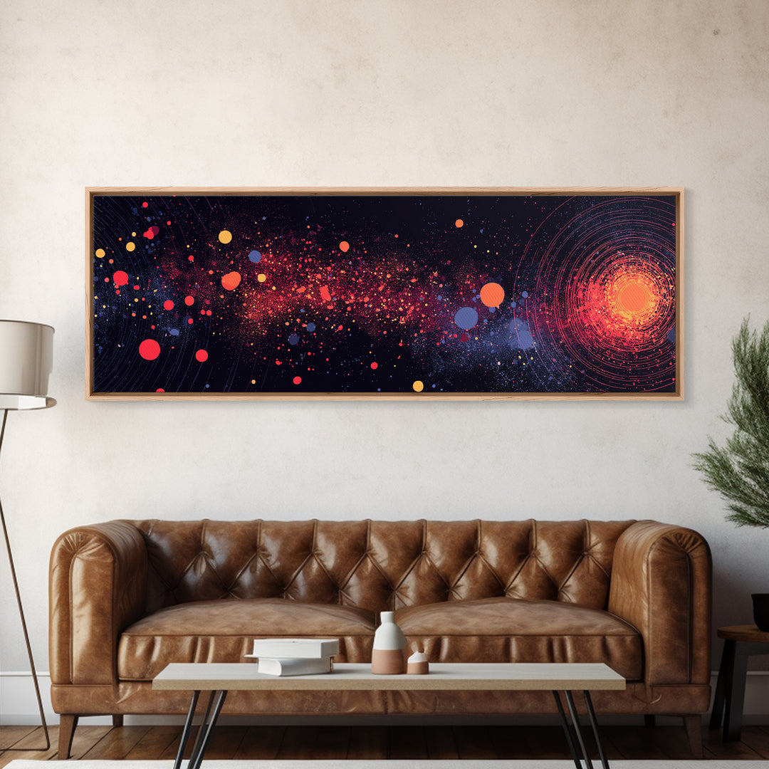 Orange Galaxy Burst With Orbiting Dots Canvas Print, Space Abstract Art, Cosmic Retro Wall Decor, Modern Art Poster, Home Decor