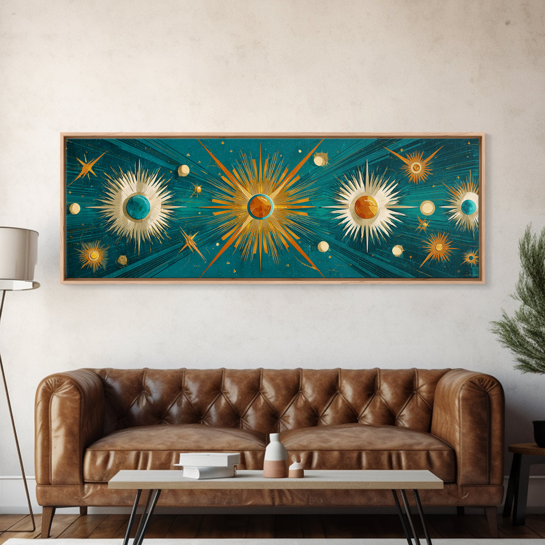 Teal Gold Celestial Sunburst Planets Wall Art, Modern Abstract Art Print, Art Deco Poster, Geometric Wall Decor, MCM Home Decor
