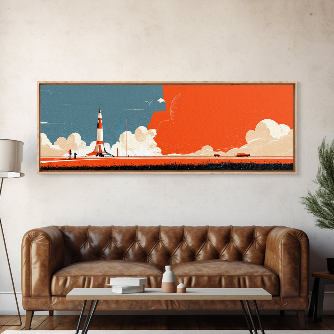Retro Rocket Launch With Orange Smoke Wall Art, Midcentury Modern Space Poster, Atomic Sci Fi Decor, MCM Kids Room Print