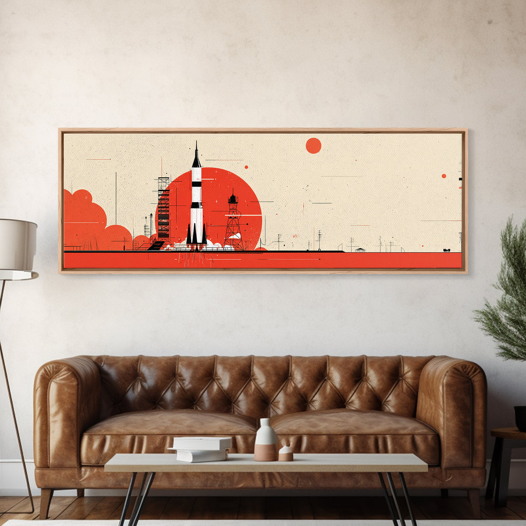 Minimal Red Rocket On Launch Pad Wall Art, Midcentury Modern Space Poster, Atomic Orange Sun Decor, Retro MCM Print Gift