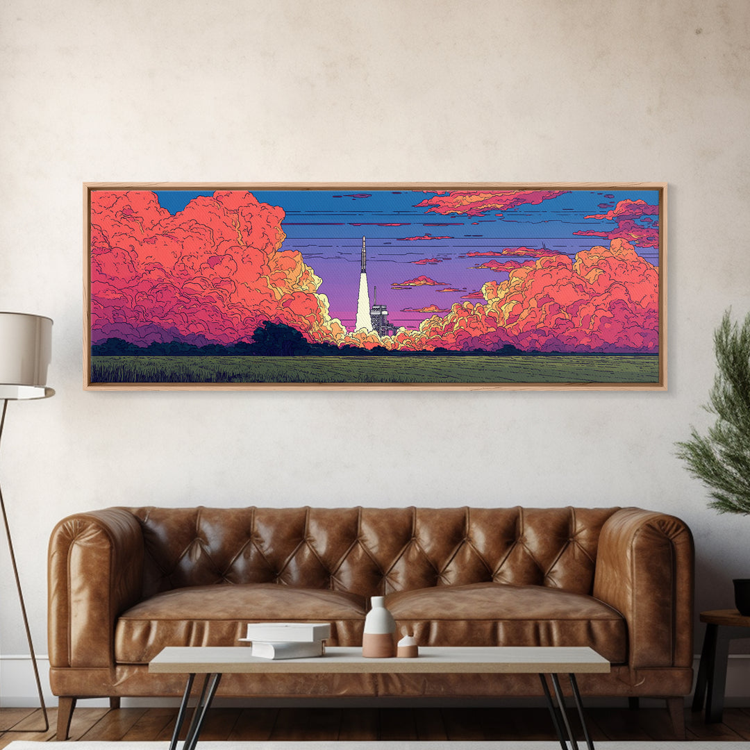 Pink Cloud Rocket Launch At Sunset Wall Art, Midcentury Modern Space Poster, Retro Sci Fi Landscape, Colorful MCM Decor Print