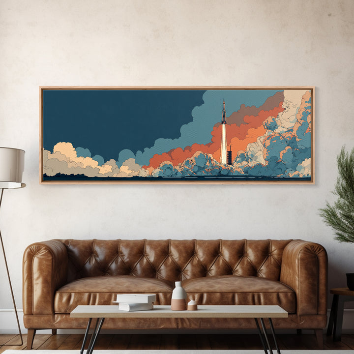 Teal Orange Rocket Rising Through Clouds Canvas Print, Midcentury Modern Space Poster, Atomic Sci Fi Decor, Retro Wall Art