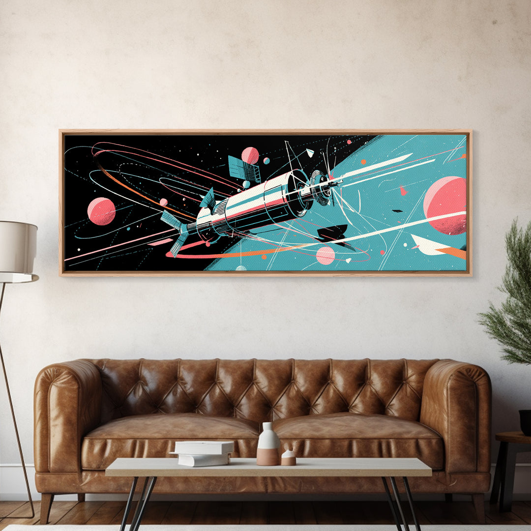 Retro Satellite With Pink Planets Wall Art, Midcentury Modern Space Poster, Atomic Sci Fi Decor, MCM Futuristic Print Gift