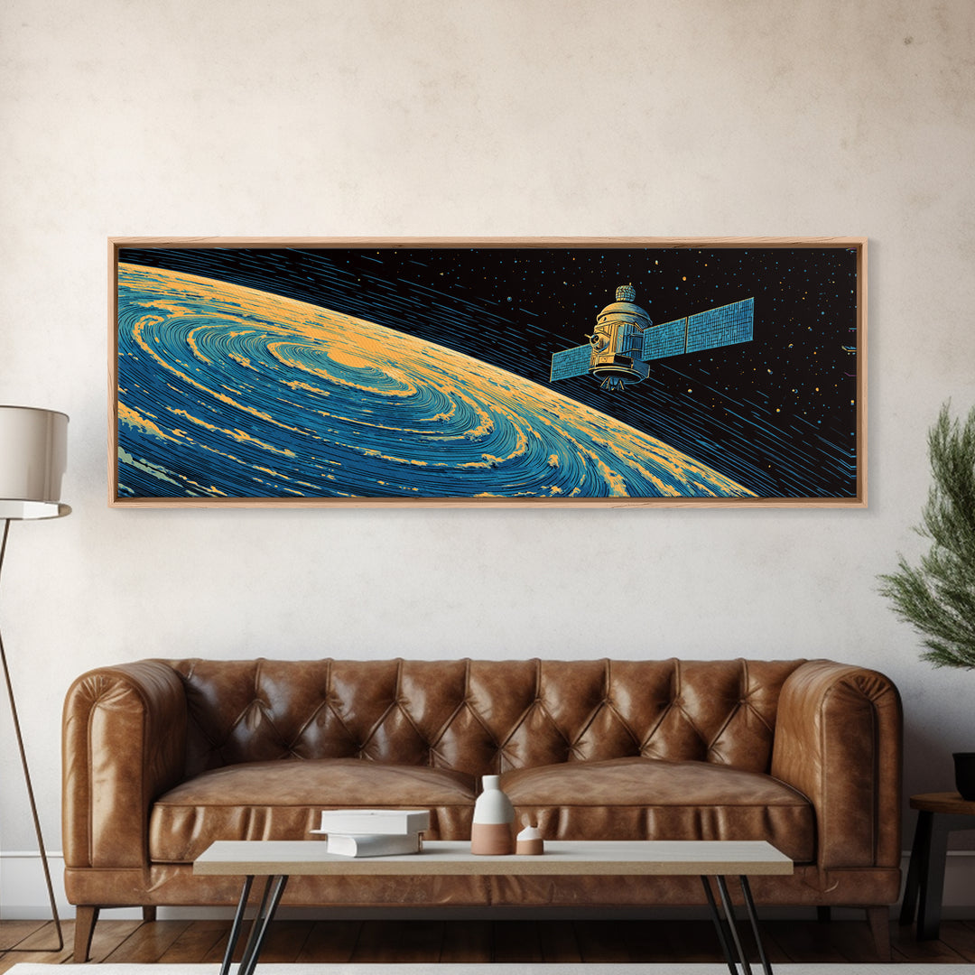 Orbiting Satellite Above Spiral Planet Canvas Print, Midcentury Modern Space Poster, Retro Sci Fi Wall Art, Atomic MCM Decor