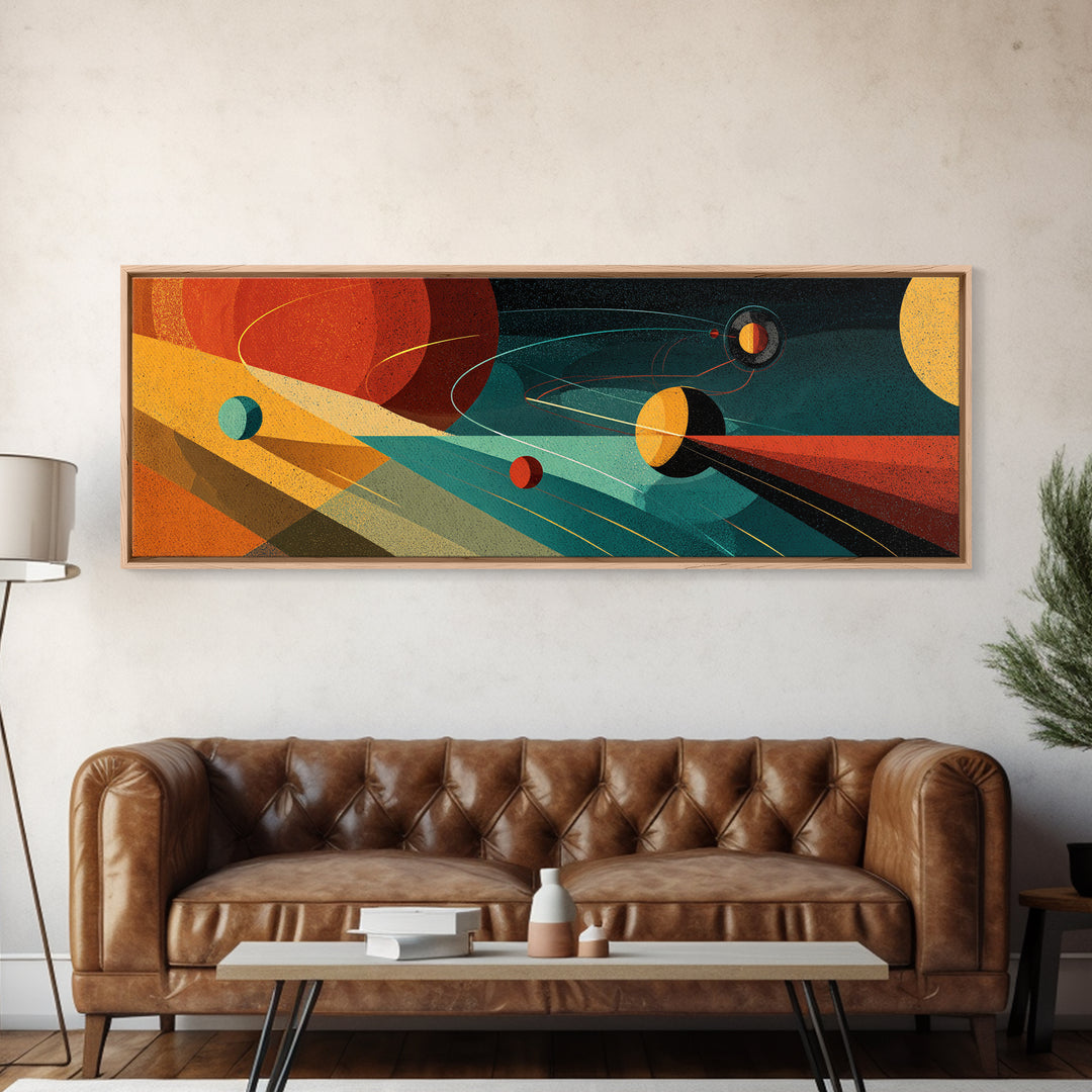 Abstract Planets With Cosmic Light Beams Wall Art, Midcentury Modern Space Poster, Retro Atomic Decor, Colorful Sci Fi Print