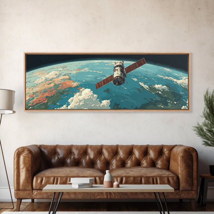 Satellite Orbiting Earth Horizon Framed Canvas Print, Midcentury Modern Space Poster, Retro Sci Fi Wall Art, MCM Decor Gift