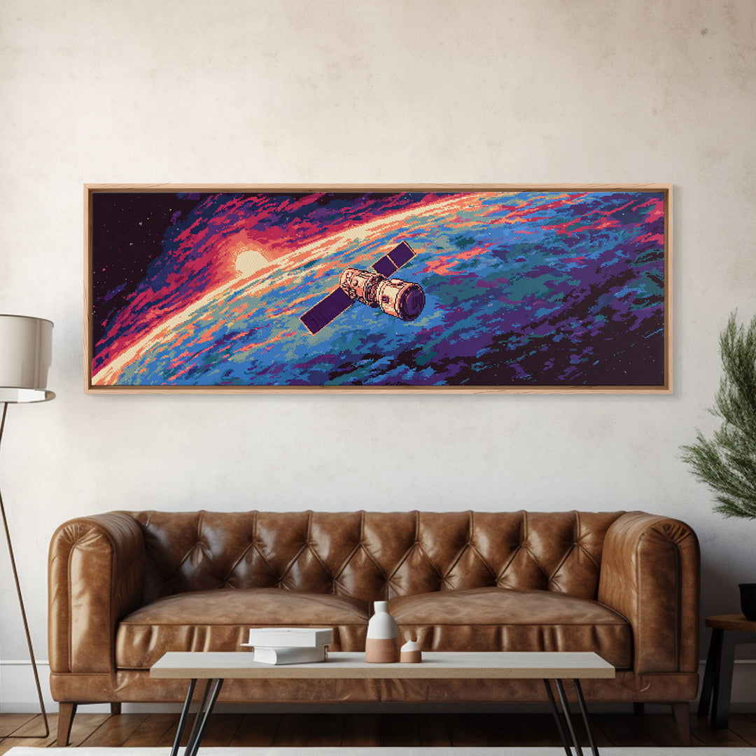 Retro Satellite Over Earth Sunrise Wall Art, Panoramic Sci Fi Space Poster, Midcentury Modern Decor, Large Canvas Print Gift