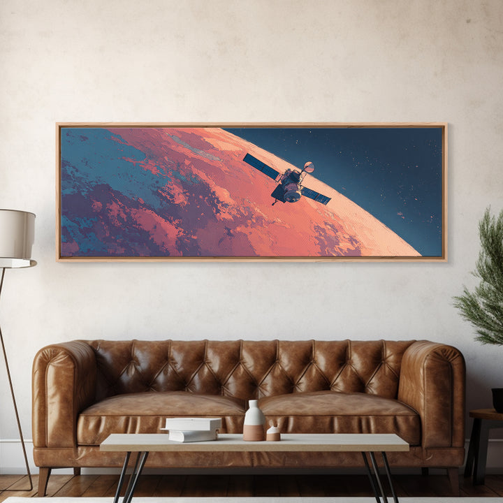 Peach Planet Orbit Satellite Canvas Print, Retro Sci Fi Space Wall Art, Midcentury Modern Poster, Office Decor Gift For Him