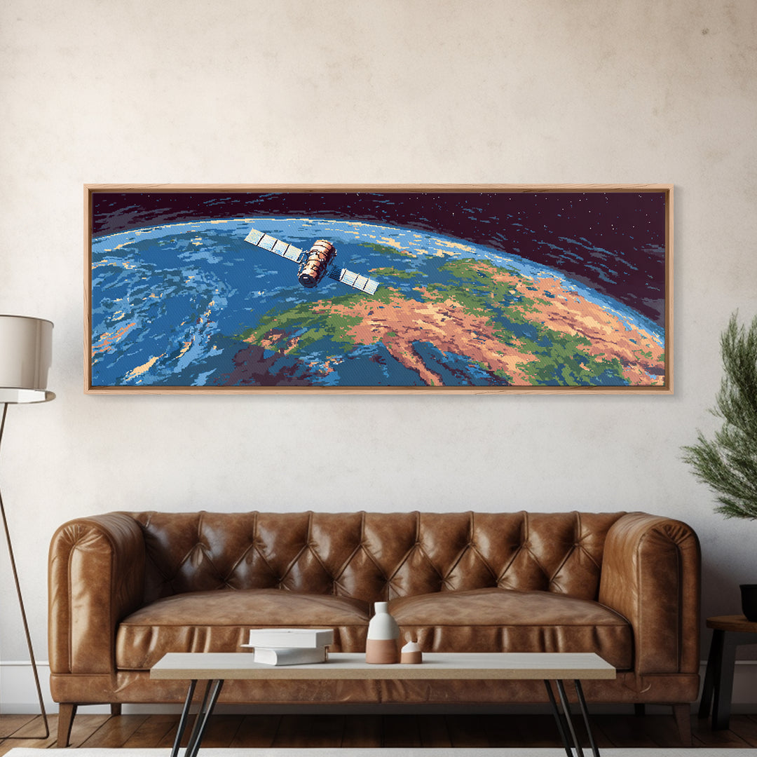 Satellite Above Blue Green Earth Wall Art, Panoramic Retro Space Poster, Midcentury Modern Art Print, Home Office Decor Gift
