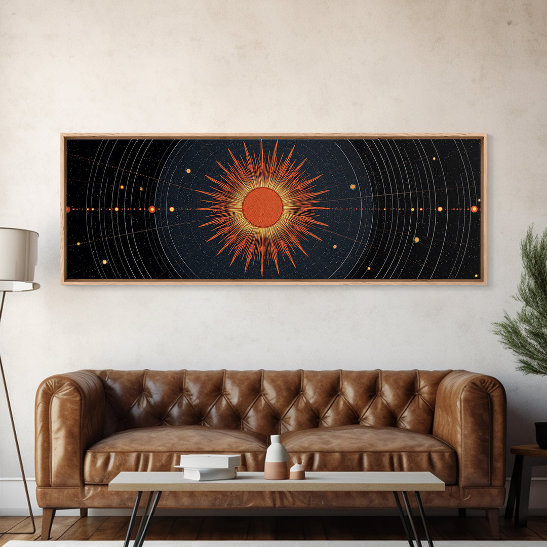 Celestial Orange Sun Orbit Diagram Wall Art, Atomic Midcentury Modern Art Poster, Geometric Space Print, Office Decor Gift