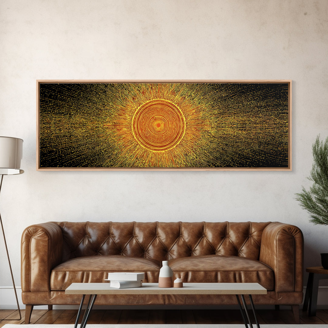 Golden Radiant Mandala Sun Canvas Print, Abstract Space Wall Art, Midcentury Modern Decor, Spiritual Geometric Poster Gift
