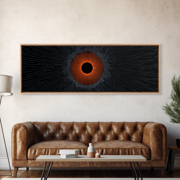 Orange Eclipse With Blue Radial Lines Wall Art, Abstract Sci Fi Space Poster, Midcentury Modern Decor, Geometric Print Gift