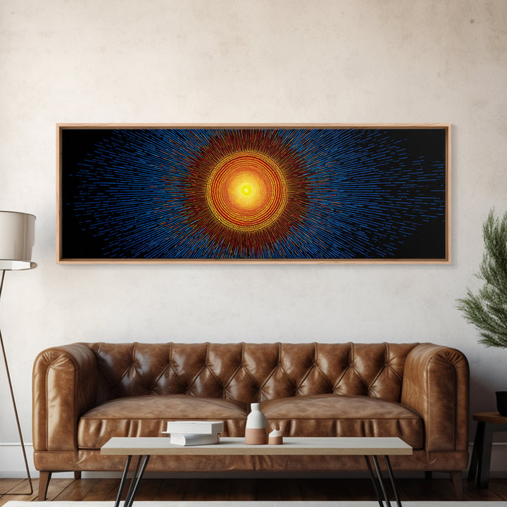 Blue And Orange Radiant Solar Burst Canvas Print, Abstract Space Wall Art, Midcentury Modern Poster, Bold Geometric Decor