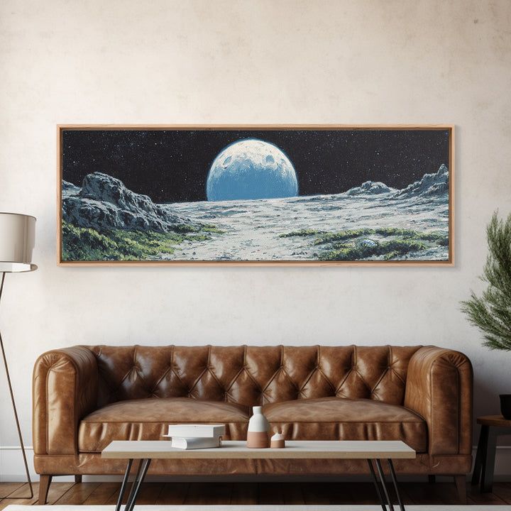 Moon Rising Over Alien Mountains Wall Art, Retro Sci Fi Landscape Poster, Midcentury Modern Decor, Scenic Space Art Print