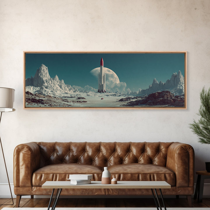 Rocket On Lunar Plain With Giant Moon Framed Canvas Print, Retro Sci Fi Wall Art, Midcentury Modern Space Poster Decor Gift