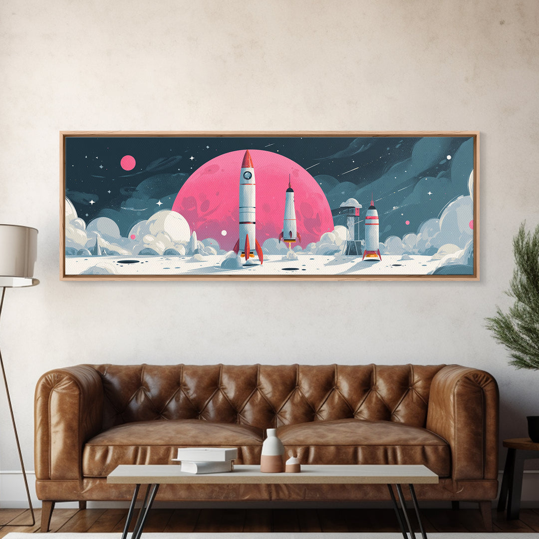 Pink Moon Rocket Base Wall Art, Retro Sci Fi Space Poster, Midcentury Modern Art Print, Lunar Nursery Decor, MCM Wall Decor