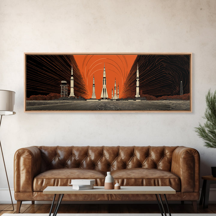 Orange Spaceport Rockets Framed Canvas Print, Midcentury Modern Wall Art, Retro Sci Fi Poster, Atomic MCM Wall Decor, Modern Home Decor