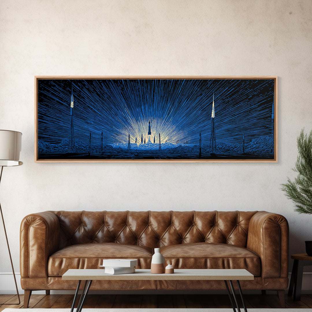 Blue Rocket Launch Wall Art, Radiant Sci Fi Space Poster, Midcentury Modern Art Print, Retro Futuristic Office Decor For Home