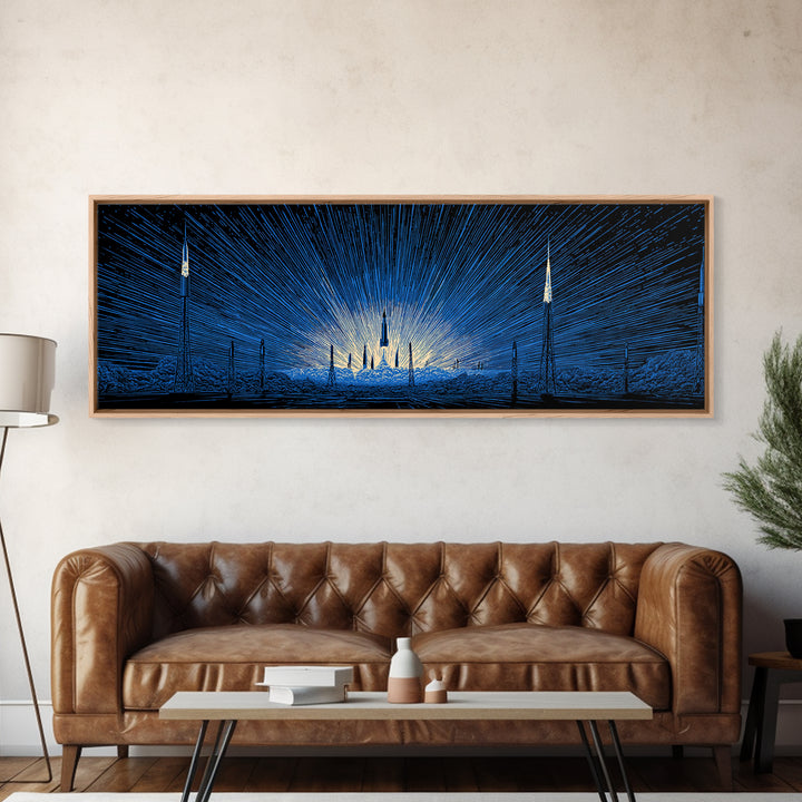 Blue Rocket Launch Wall Art, Radiant Sci Fi Space Poster, Midcentury Modern Art Print, Retro Futuristic Office Decor For Home