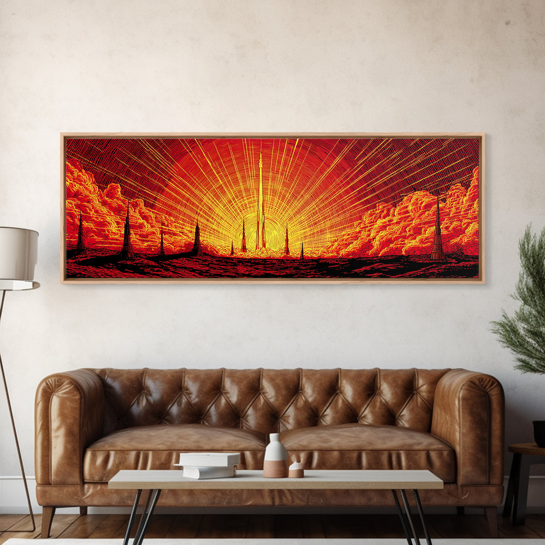 Fiery Rocket Silhouette Canvas Print, Orange Sunburst Space Poster, Midcentury Modern Wall Art, Retro Sci Fi MCM Home Decor