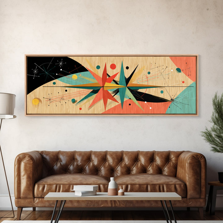 Retro Atomic Starburst On Wood Framed Canvas Print, Mid Century Modern Art, Boho Geometric Wall Decor For Office Or Den
