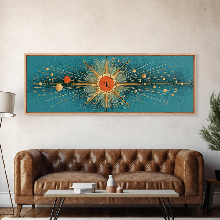 Teal Atomic Clock Sunburst Canvas Print, Mid Century Modern Wall Art, Retro Geometric Office Decor, Turquoise Mcm Print Gift